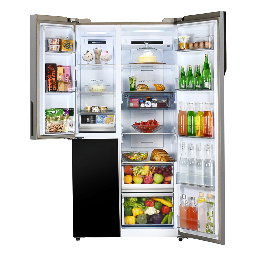 Haier Vogue Series 598L , Black White Glass Finish 3 Door Convertible Side By Side Refrigerator HRT-683KWG